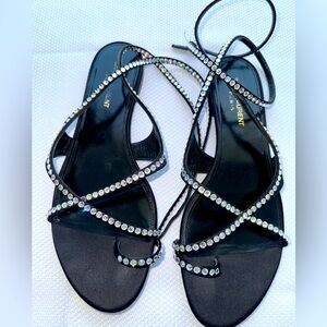Saint Laurent GIA crystals flat sandals black satin size 40.5